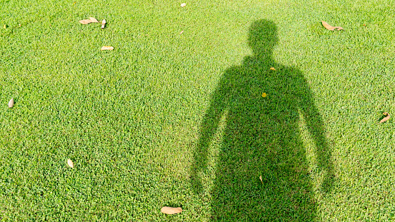 Shadow of a man standing on the sunny green lawn. for background and texture.
