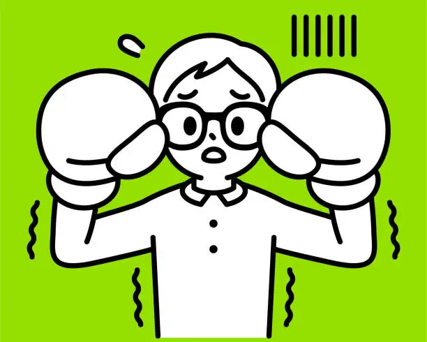 Vector illustration of A boy wearing Horn-rimmed glasses, in boxing gloves, fear of fighting, looking at the viewer, minimalist style, black and white outline