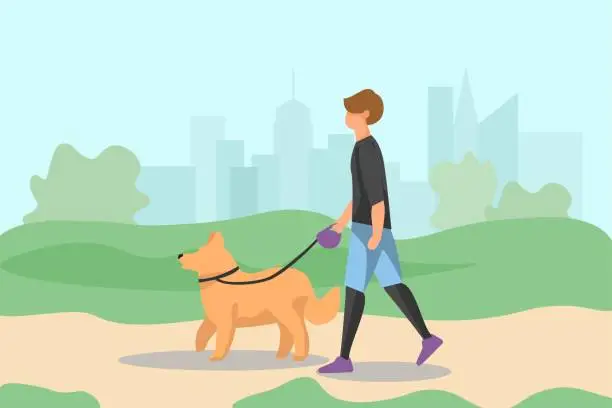 Vector illustration of Healthy family poster. Man walking in city park with dog. Puppy with owner outdoor together, activities with four legged friend, pet care cartoon flat style isolated characters, vector concept