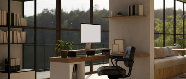 istock A computer mockup on a desk in a modern, contemporary spacious home office or private office room. 1681587087