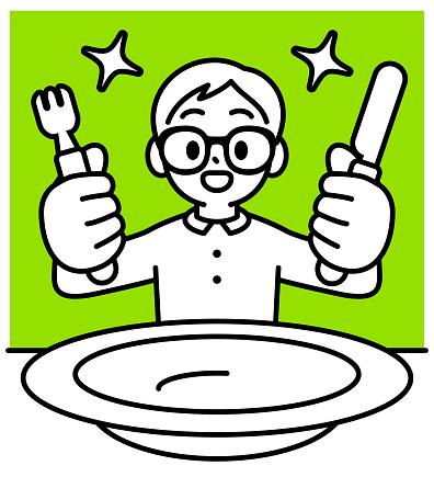 Minimalist Style Characters Designs Vector Art Illustration.
A studious boy with Horn-rimmed glasses holding a fork and a knife, sitting down to a meal, in front of a big empty plate, looking at the viewer, minimalist style, black and white outline.