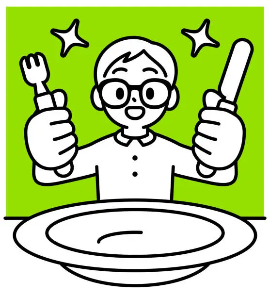 Vector illustration of A studious boy with Horn-rimmed glasses holding a fork and a knife, sitting down to a meal, in front of a big empty plate, looking at the viewer, minimalist style, black and white outline
