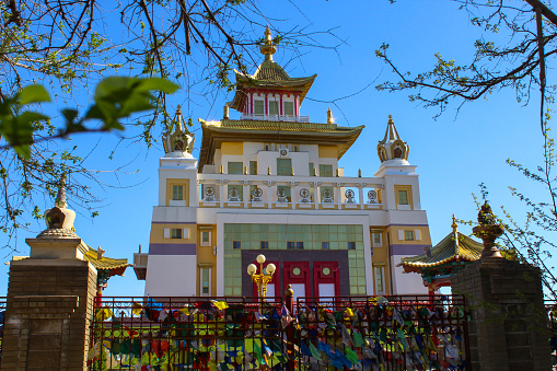 Buddhist temple in the city of Elista, Republic of Kalmykia. The golden abode of Shakyamuni Buddha. The largest temple in Europe. Close up view, copy space