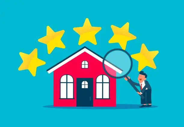 Vector illustration of Five-star home, home quality assessment, high quality house or real estate service, businessman with a magnifying glass finds five-star rated hom