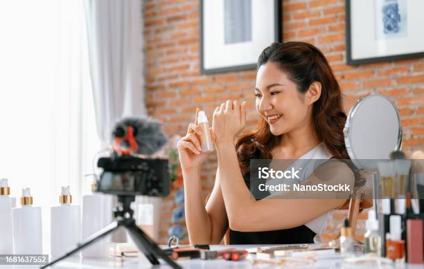 Woman Influencer Shoot Live Streaming Vlog Video Review Makeup Uttermost Social Stock Photo - Download Image Now