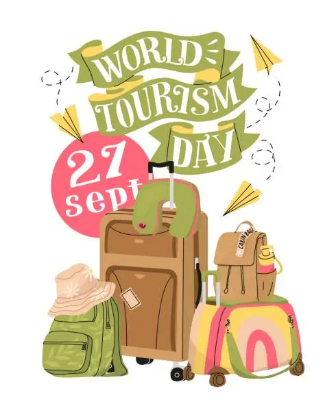 Vector illustration of Poster for World Tourist Day on September 27th. A beautiful ribbon vignette with a hand-drawn inscription and a composition of suitcases, bags and other tourist luggage. Vector illustration.