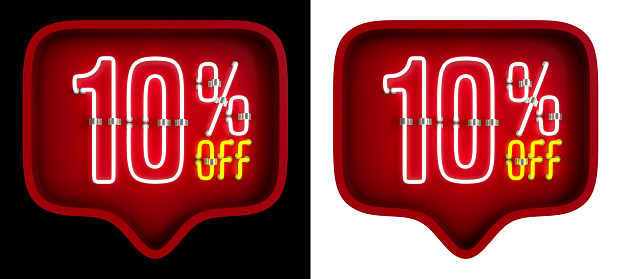 3D Red Balloon With 10 Percent Off Discount Neon Lamp Isolated on Black and White Background With Clipping Path