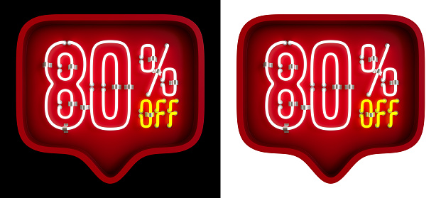 3D Red Balloon With 80 Percent Off Discount Neon Lamp Isolated on Black and White Background With Clipping Path