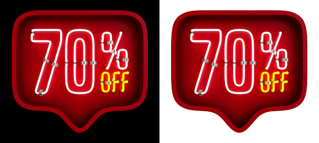 3D Red Balloon With 70 Percent Off Discount Neon Lamp Isolated on Black and White Background With Clipping Path