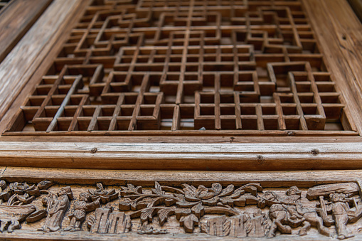 Close up on the wooden decorations on the temple on Mount Wuyi, Fujian, China. Background image with copy space for text