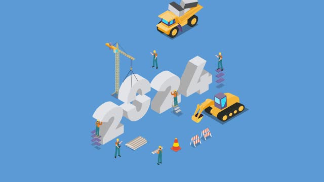People works as a to prepare to welcome the new year 2024 3d isometric cartoon animation in 4K UHD 3840x2160
