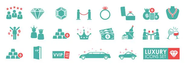 Vector illustration of Set of Luxury icons. Solid icon style. It contains diamonds, VIPs, money, gold, and a crown. Vector illustrations.