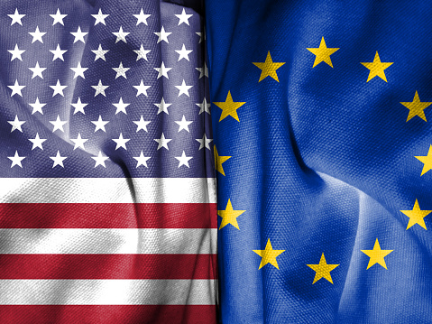 American flag and European Union flag made of fabric patterns. Concept map depicting dialogue between the United States and the European Union. Basemap and background concept. Double exposure hologram