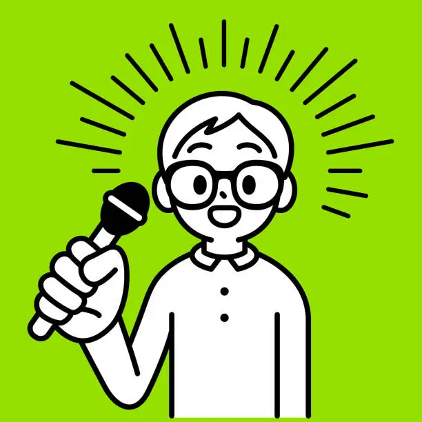 Vector illustration of A studious boy with Horn-rimmed glasses holding a microphone, smiling and looking at the viewer, minimalist style, black and white outline