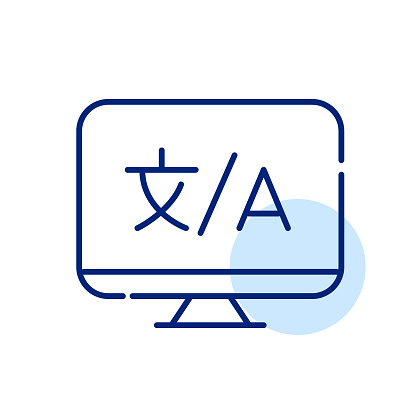 Different languages symbols on a desktop computer. Translational website icon. Pixel perfect, editable stroke