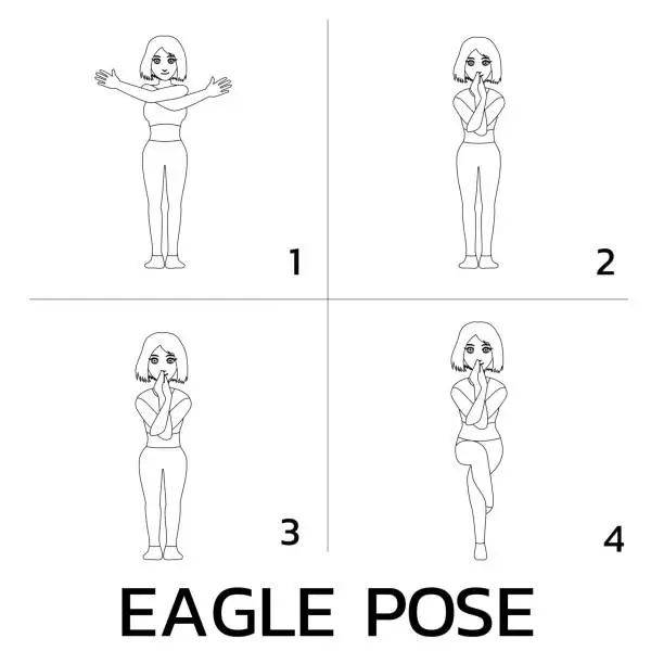 Vector illustration of Eagle Pose Yoga Manga Tutorial How Cartoon Vector Illustration Black and White