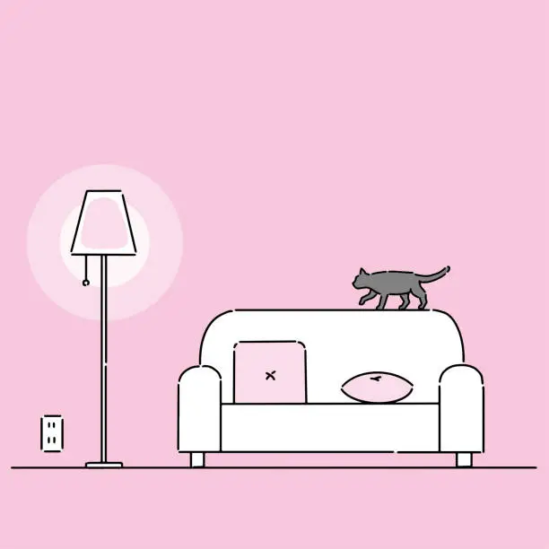 Vector illustration of Line drawing illustration depicting an indoor landscape with a cat and interior