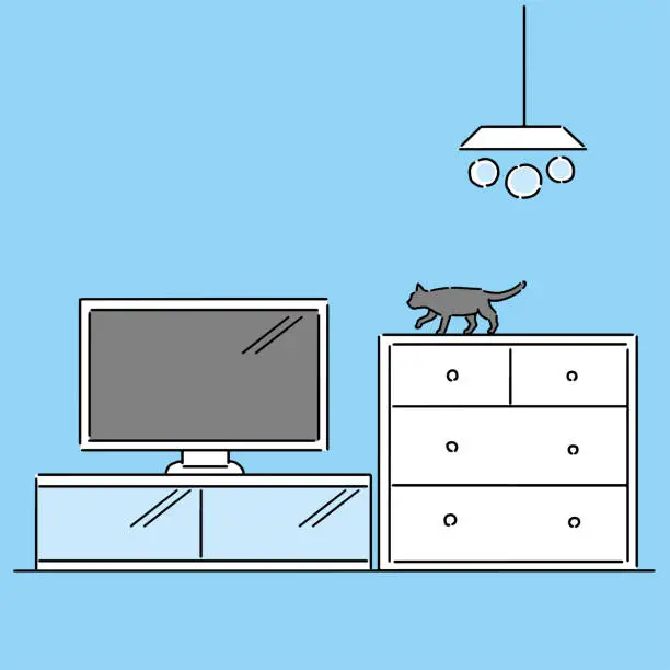 Vector illustration of Line drawing illustration depicting an indoor landscape with a cat and interior