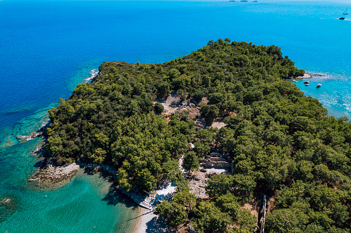 Aerial view of Phaselis Bay in Antalya, Turkiye