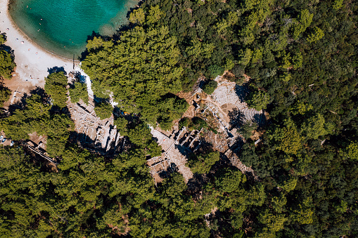 Aerial view of Phaselis Bay in Antalya, Turkiye