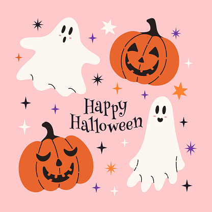 Halloween cute cartoon card with funny characters, ghost, pumpkin, star and typography. Pink background. Hand drawn vector illustration perfect for cover, banner, poster, invitation.