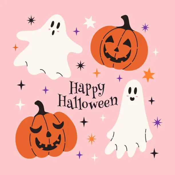 Vector illustration of Halloween cute cartoon card with funny characters, ghost, pumpkin, star and typography. Pink background. Hand drawn vector illustration perfect for cover, banner, poster, invitation.