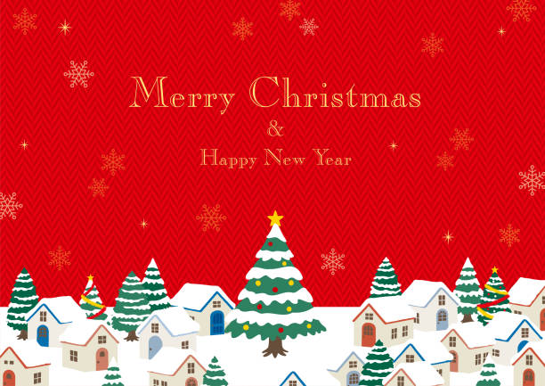 istock Hand-drawn illustration of a snowy Christmas cityscape. Red Herringbone pattern background. 1681769754