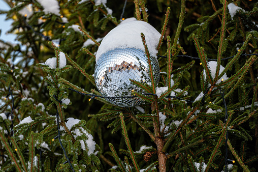 Christmas disco ball decoration on a snowy fir tree branch. Selective focus, shallow depth of field