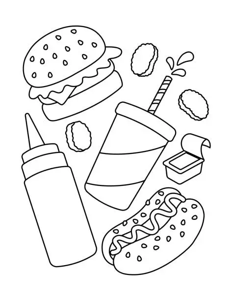 Vector illustration of Cute Fast Food Theme Coloring Page