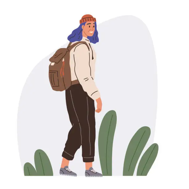 Vector illustration of Woman tourist with big bag, backpack. Female traveler hiker travels with camping rucksack