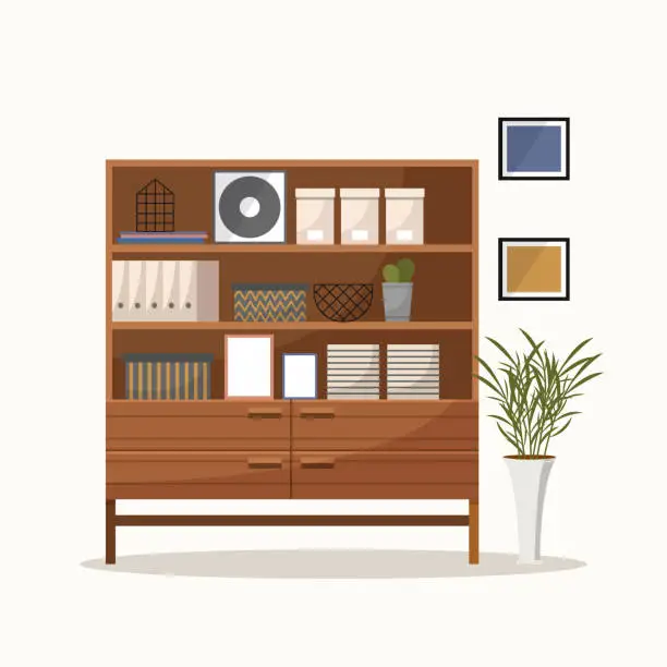 Vector illustration of Office cabinet with folders, boxes and shelves for document storage organizing. Office furniture