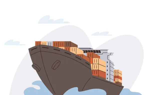 Vector illustration of Transport for shipping, worldwide delivery. Loaded container cargo ship for freigh transportation