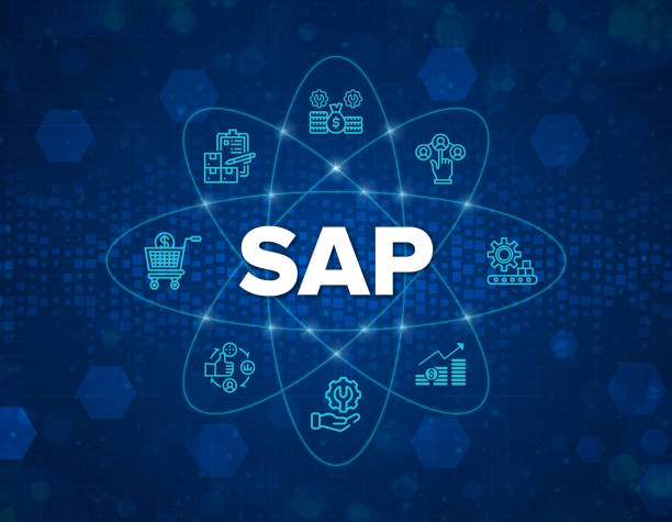 ilustraciones, imágenes clip art, dibujos animados e iconos de stock de sap system software automation - concepto de construcción de enterprise resource planning (erp) en pantalla virtual. - hannah