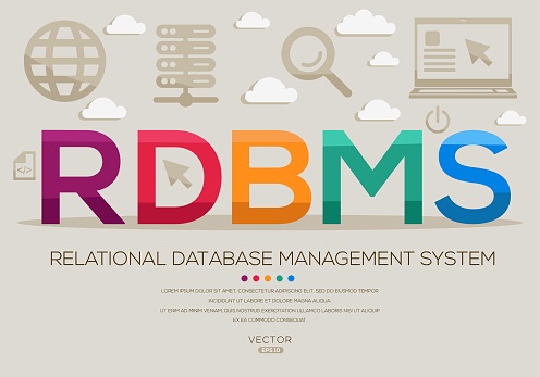 RDBMS _ Relational Database Management System, letters and icons, and vector illustration.