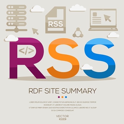 RSS _ RDF Site Summary, letters and icons, and vector illustration.