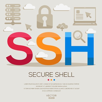 SSH _ Secure Shell, letters and icons, and vector illustration.