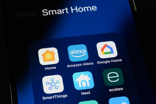 Smart Home Apps - Apple Home, Amazon Alexa, Google Home, SmartThings, Nest, Ecobee Toronto, Canada - September 14, 2023:  Popular smart home apps, including Apple Home, Amazon Alexa, Google Home, Samsung SmartThings, Nest and Ecobee on an Apple iPhone. google home stock pictures, royalty-free photos & images