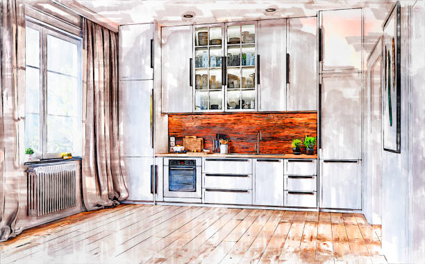 istock Sketch with markers effect on a 3D render of an empty high white modern kitchen with windows on a side 1681868466