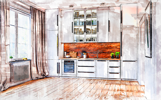 Empty large modern kitchen on the hardwood floor with high white plaster walls, and high wooden kitchen cabinets with hardwood backsplash. A white retro heater under a large retro window with long sand beige curtains on a side. Utensils, potted herbs, spices, and stoves on the kitchen counter. Plates, cups, and glasses in a high glass illuminated cabinet. Sketch with markers effect on a 3D render.