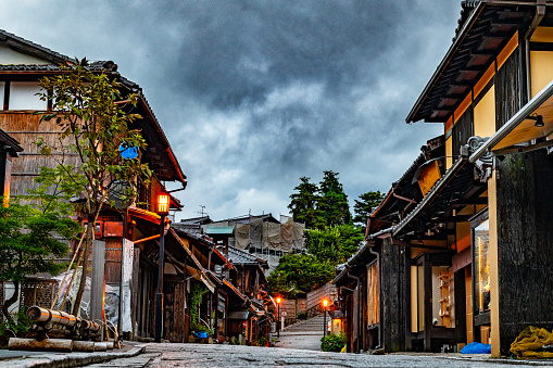 Buildings on a street of the old Gion district of Kyoto, the famous geisha district. Japan