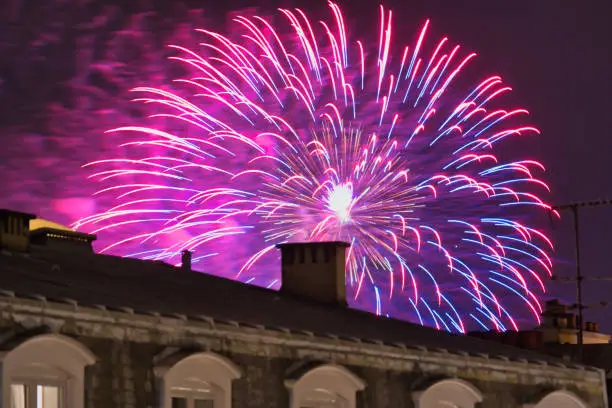 Versailles, France, Every Saturday evening in summer, the Royal Gardens of Château de Versailles are decked out in thousands of lights from there fireworks just after the Sun King's music view from apartment building near 7 rue Richaud