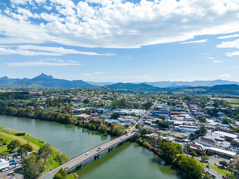 Aerial view of the Tweed River and the town of Murwillumbah, New South Wales.