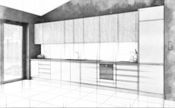 istock An architectural sketch (plan of an architect for a client) of a modern kitchen with windows on a side 1681891640
