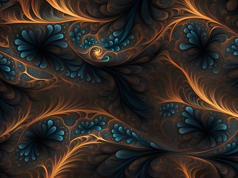 This vibrant image features an abstract fracturing pattern of blue and brown flowers and leaves