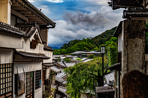 Rooftops of the old Gion district of Kyoto, the famous geisha district. Japan