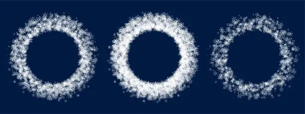 Vector illustration of Set of winter snowflakes rings. Soft fluffy circles of white snow flakes for design and decoration of winter holiday cards, social media templates. Simple vector icons isolated on blue background