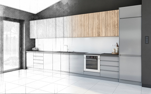 A modern kitchen with dark gray and wooden kitchen cabinets on the white tiled floor, with a white backsplash, a dark gray wall background, and a large window on the side. Half an architectural sketch (plan of an architect for a client) with a pencil half a 3D rendered image.