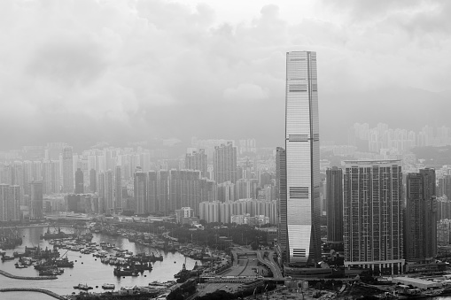 Panorama from Sam Chi Heung mountain in Tsing Yi island of the busy Hong Kong port and Tseun wan city.