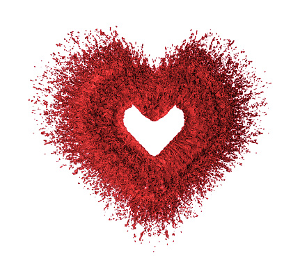 An exquisite and ephemeral disintegrating red heart delicately placed on a white background, symbolizing transience and fragility