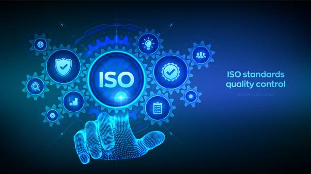 istock ISO standards quality control, assurance warranty business technology concept on virtual screen. Wireframe hand touching digital interface with connected gears cogs and icons. Vector illustration. 1681910633